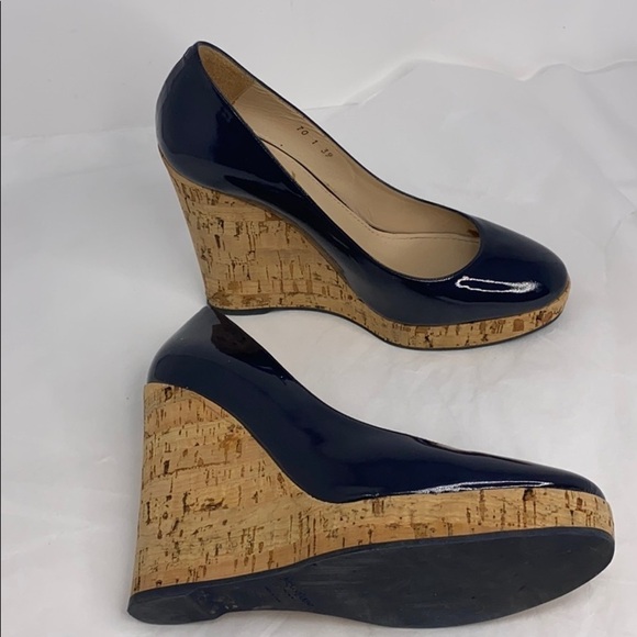 YSL Yves Saint Laurent 39 Navy Blue Patent Wedge - Picture 1 of 9